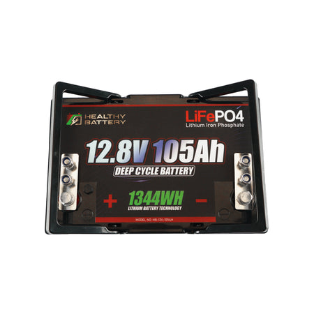 **Title:** Healthy Battery 12.8V 105Ah LiFePO4 Deep Cycle Battery  

**Alt Text:** Black-cased 12.8V 105Ah LiFePO4 battery with terminals, Healthy Battery logo, and Bluetooth monitoring.  

**Meta Description:** Discover the Healthy Battery 12.8V 105Ah LiFePO4, ideal for hydraulic systems. High output, Bluetooth monitoring, and robust BMS for safe, efficient energy.