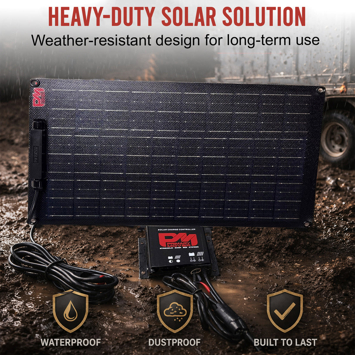 **Title:** Heavy-Duty 18W Solar Battery Maintainer for Trailers

**Meta Description:** Discover our rugged 18 Watt Solar Battery Maintainer, designed for dump trailers and 12V hydraulic systems. Weather-resistant and built to prevent dead batteries.

**Alt Text:** Rugged 18W solar battery maintainer with charge controller, grommeted panel, and coiled cables, set up outdoors on muddy ground in rain, showcasing durability.