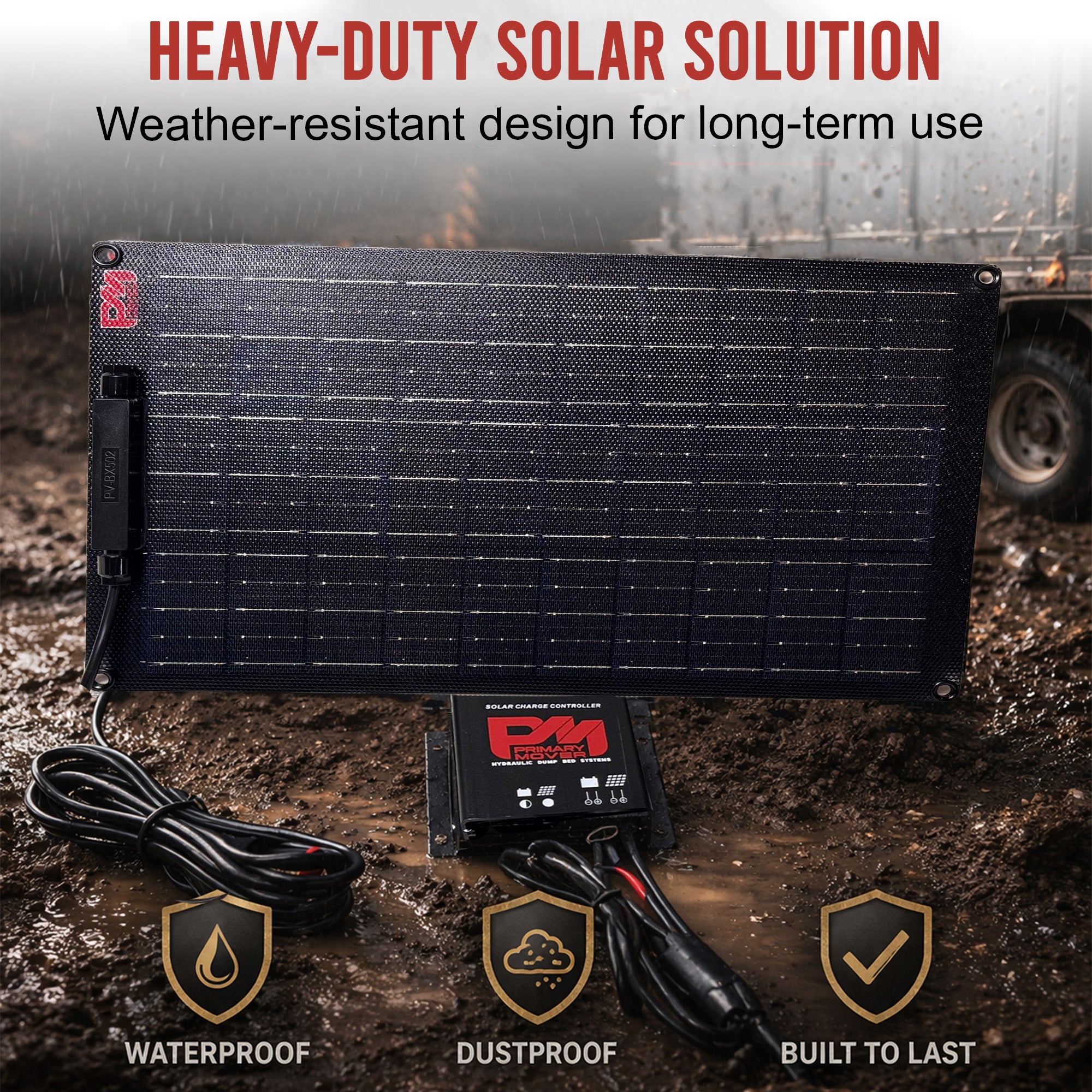 **Title:** Heavy-Duty 18W Solar Battery Maintainer for Trailers

**Meta Description:** Discover our rugged 18 Watt Solar Battery Maintainer, designed for dump trailers and 12V hydraulic systems. Weather-resistant and built to prevent dead batteries.

**Alt Text:** Rugged 18W solar battery maintainer with charge controller, grommeted panel, and coiled cables, set up outdoors on muddy ground in rain, showcasing durability.