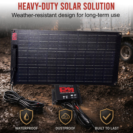 **Title:** Heavy-Duty 18W Solar Battery Maintainer for Trailers

**Meta Description:** Discover our rugged 18 Watt Solar Battery Maintainer, designed for dump trailers and 12V hydraulic systems. Weather-resistant and built to prevent dead batteries.

**Alt Text:** Rugged 18W solar battery maintainer with charge controller, grommeted panel, and coiled cables, set up outdoors on muddy ground in rain, showcasing durability.