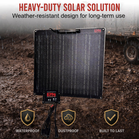 **Product Title:** 25 Watt Solar Battery Maintainer for Trailers & Hydraulic Systems

**Meta Description:** Heavy-duty, weather-resistant solar panel for trailers, offering enhanced battery maintenance with 25 watts of power, ensuring durability and reliability in harsh conditions.

**Alt Text:** Rugged solar panel with charge controller, waterproof and dustproof, set in muddy rain, promoting heavy-duty battery maintenance for trailers.