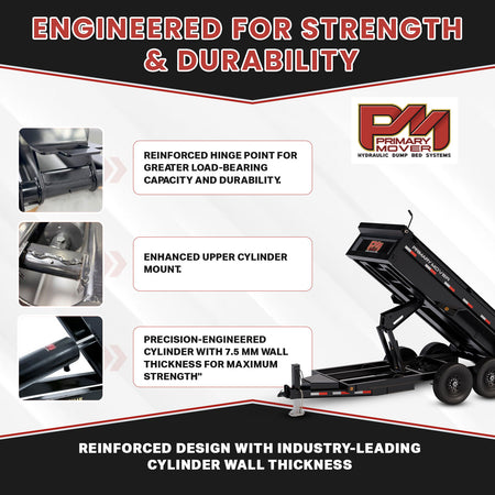 Primary Mover hydraulic dump trailer showing the reinforced hinge, cylinder mount, and cylinder wall thickness.