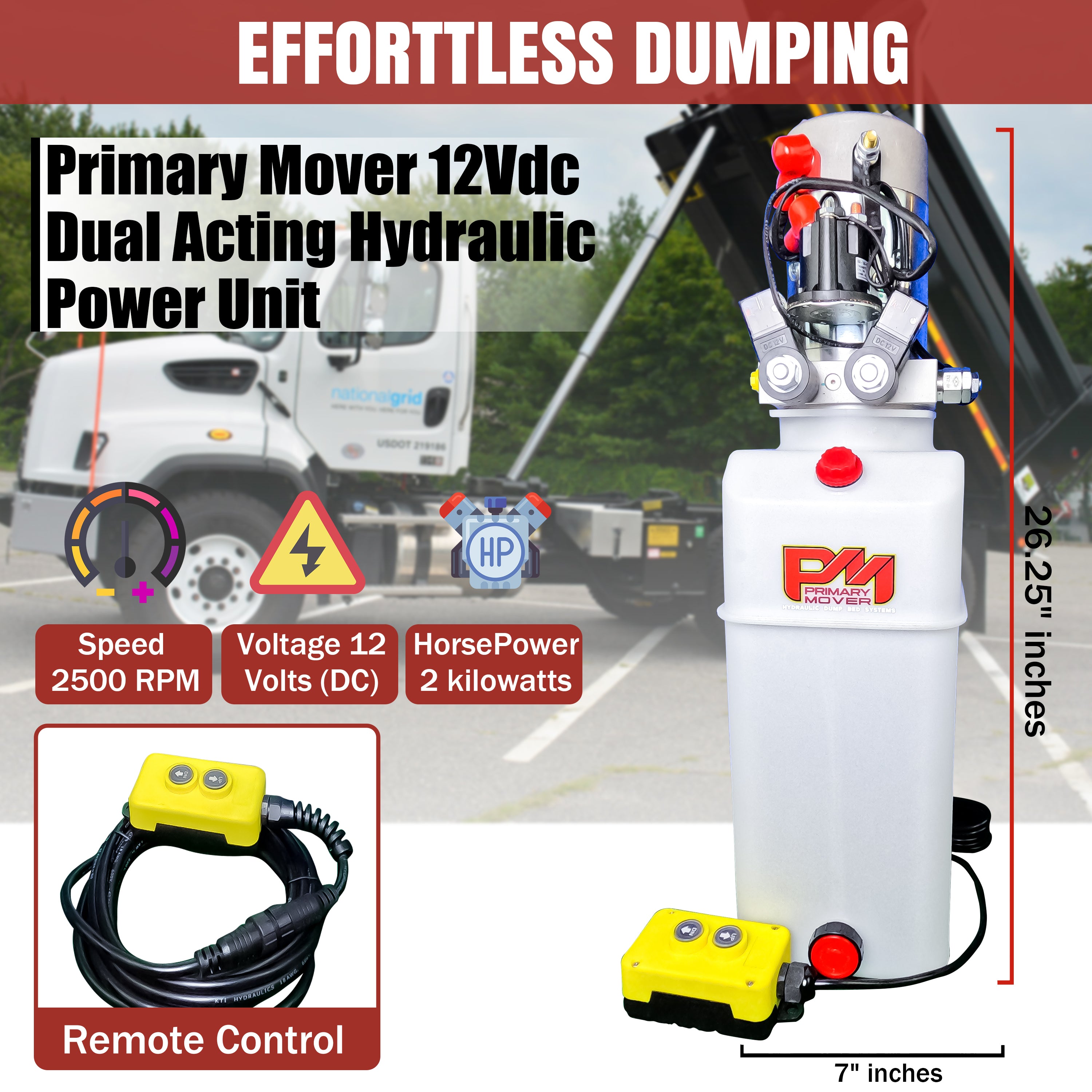Primary Mover 12V Double-Acting Hydraulic Pump - Poly Reservoir: Dual-acting precision for hydraulic dump bed systems. Crafted for efficiency and reliability, offering unbeatable value and durability.