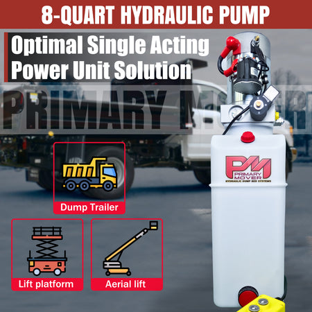 Primary Mover 12V Single-Acting Hydraulic Pump - Poly Reservoir: A white container with red handles and a red hose, optimized for hydraulic dump bed systems. Single-acting, high flow, and durable for various applications.