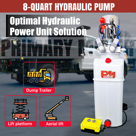 Primary Mover 12V Double-Acting Hydraulic Pump - Precision crafted for hydraulic dump bed systems, featuring dual-acting functionality and durable construction. Upgrade your operations with this reliable, cost-effective solution.