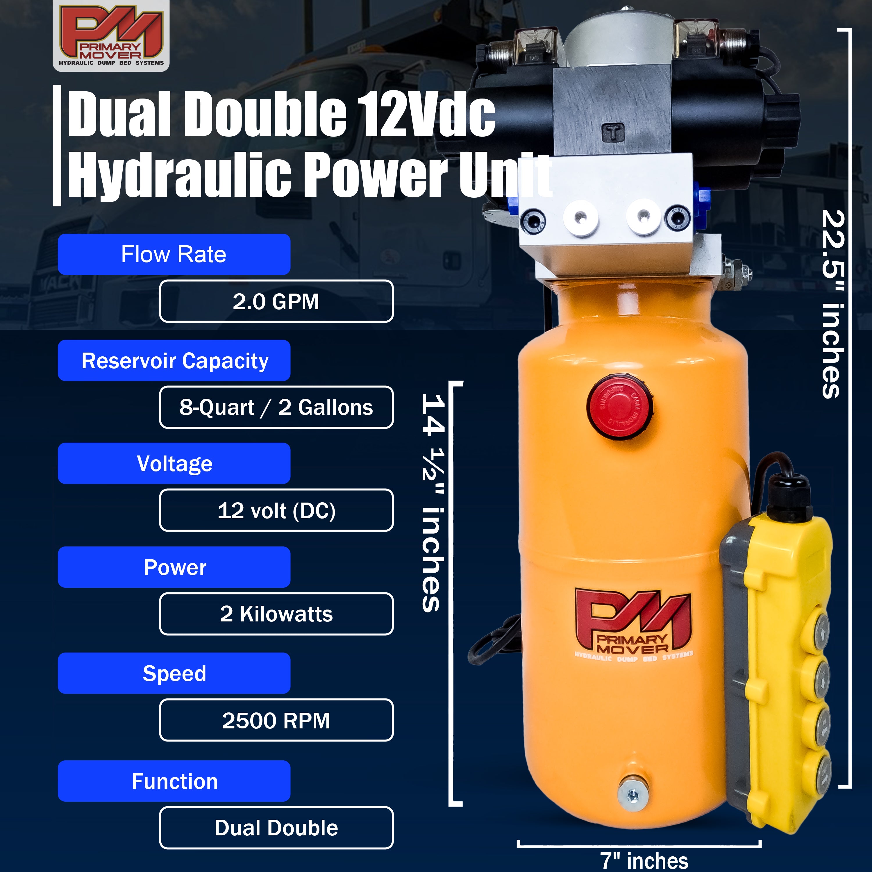 Primary Mover 12V Dual Double-Acting Hydraulic Power Unit: Compact, powerful steel unit for dump trailers and trucks, enabling four hydraulic actions simultaneously. Used for any truck or trailer application. 1/2 ton truck dump bed kit.