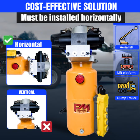 Compact, powerful Primary Mover 12V Dual Double-Acting Hydraulic Power Unit with versatile quad power capability for dump trailers and trucks. Used for any truck or trailer application. 1/2 ton truck dump bed kit.