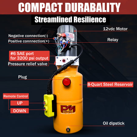 KTI 12V Single-Acting Hydraulic Pump with steel reservoir, featuring red buttons and black text, optimized for hydraulic dump bed systems.