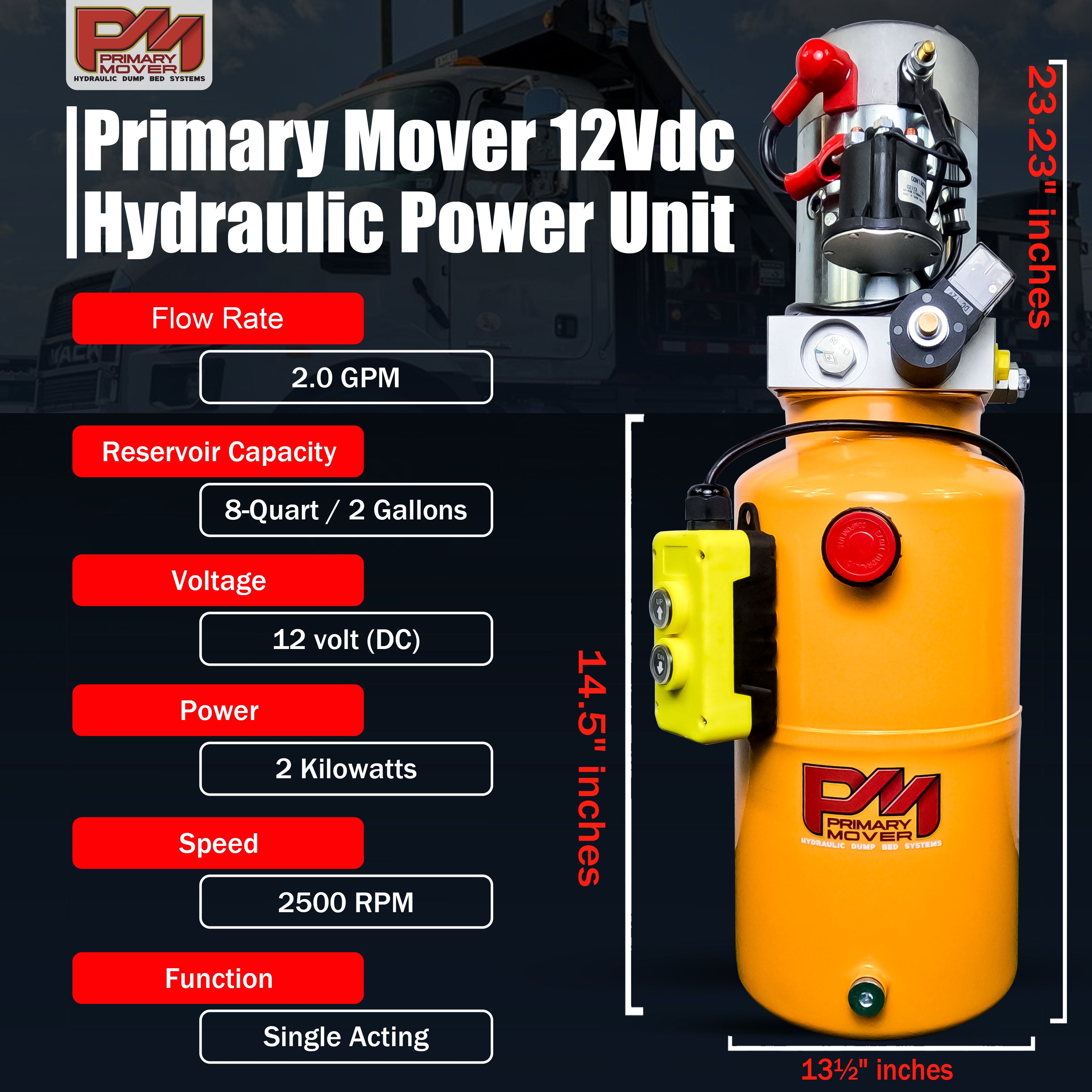 Primary Mover 12V Single-Acting Hydraulic Pump with Steel Reservoir, designed for hydraulic dump bed systems, offers precision and durability.