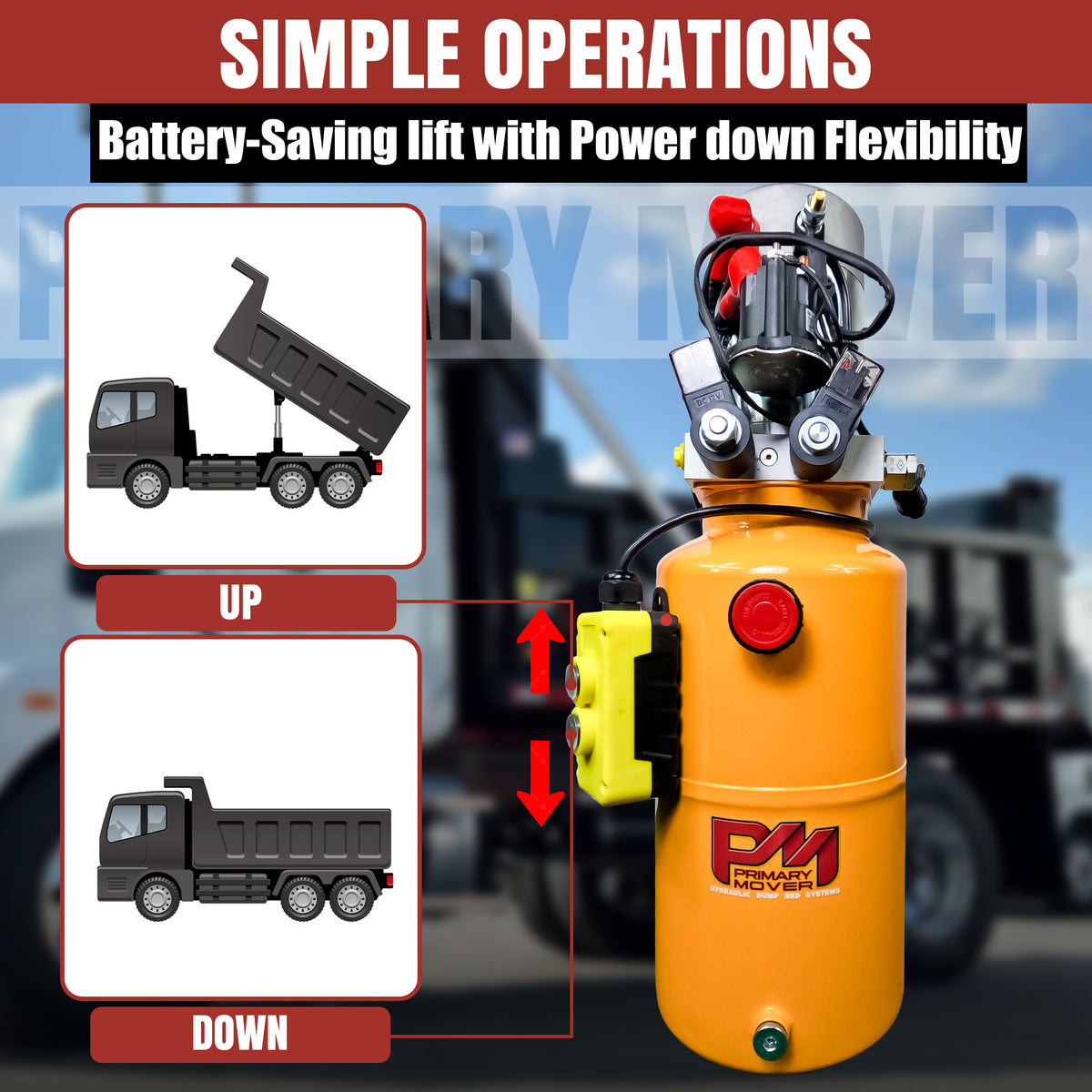 Primary Mover Double Acting 12VDC Hydraulic Power Unit with Steel Reservoirs: Dual-acting precision, tailored for dump bed systems, quality craftsmanship, and value-driven performance.