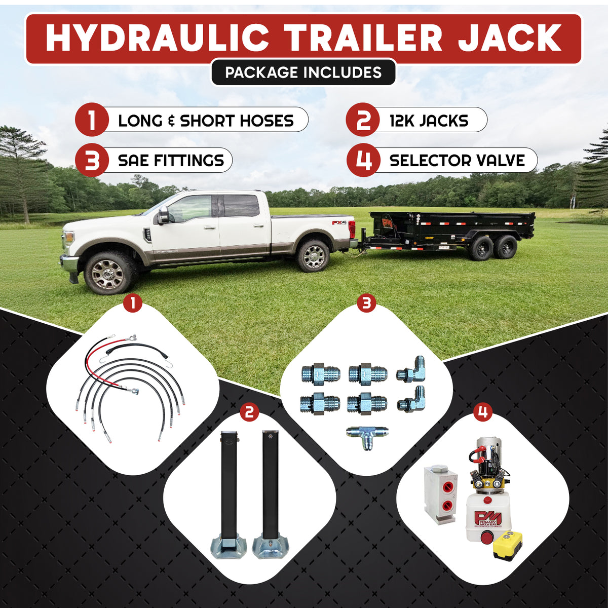 24K Double Hydraulic Trailer Jack Leg Kit, shown with a white truck, includes yellow and black battery, for enhanced heavy-duty towing with dual jacks.