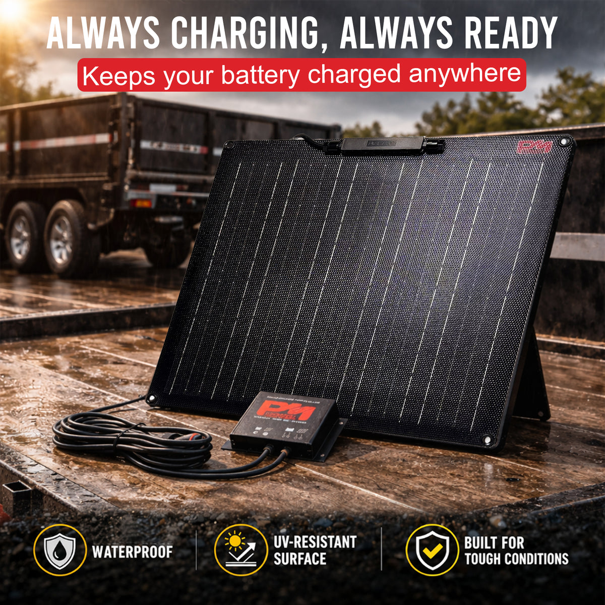 **Title:** Portable 25 Watt Solar Battery Maintainer

**Meta Description:** Enhance your dump trailer's battery life with the 25 Watt Solar Battery Maintainer, designed for tough conditions and consistent charging.

**Alt Text:** Portable 25 Watt Solar Battery Maintainer on a trailer, connected to a charge controller, promoting battery health and efficiency in outdoor conditions.