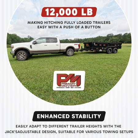 12k Single Hydraulic Trailer Jack Leg Kit Weld On or Bolt On shown close-up, highlighting its robust wheel and red capacity sign for heavy-duty towing.