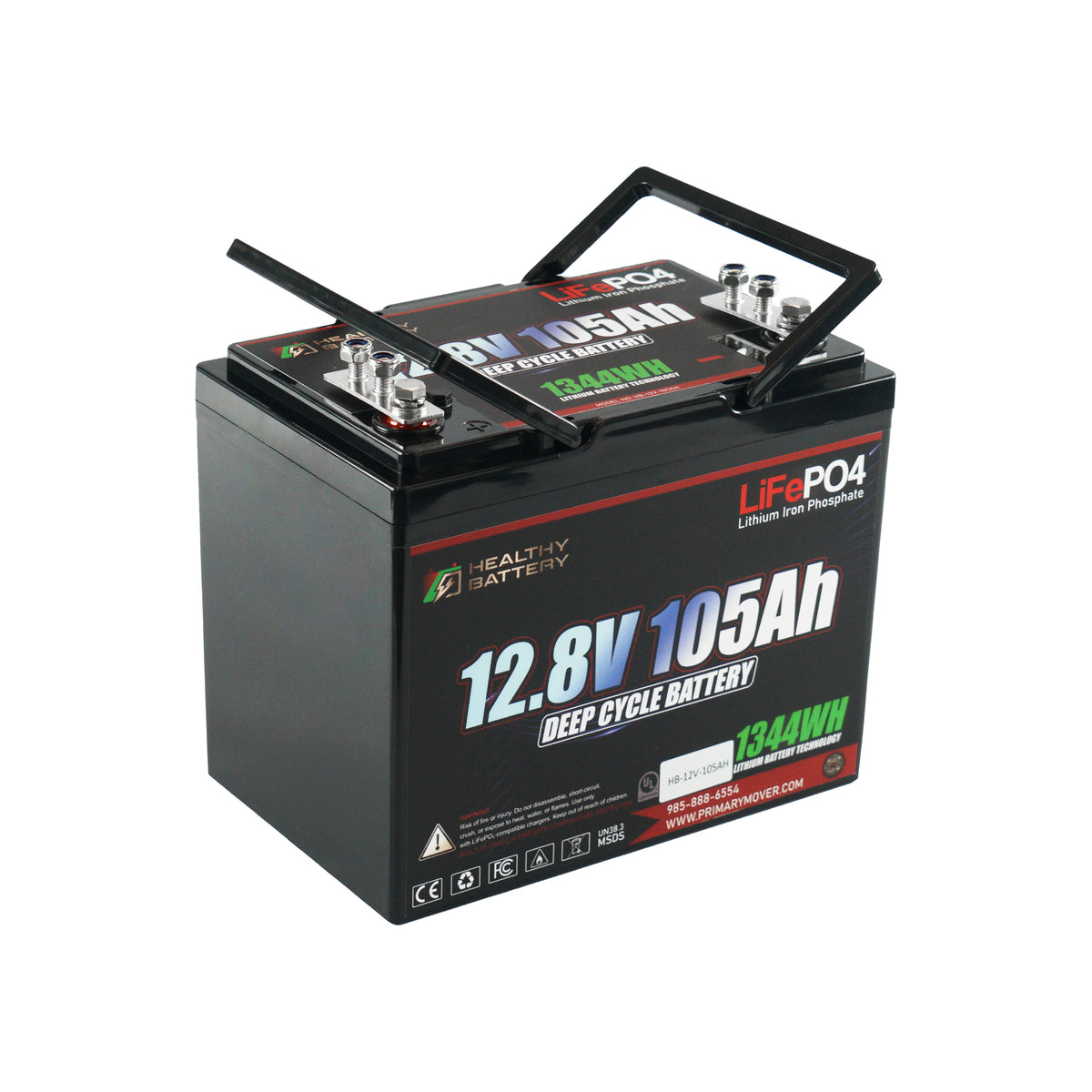 **Title:** Healthy Battery 12.8V 105Ah LiFePO4 Deep Cycle Battery

**Alt Text:** Sealed lithium iron phosphate battery with 12.8V 105Ah capacity, folding handles, and stainless steel terminals. Ideal for solar storage and RVs.

**Meta Description:** Discover the 12.8V 105Ah LiFePO4 battery, perfect for solar storage. Features include 1344Wh capacity, stainless terminals, and folding handles for easy transport.