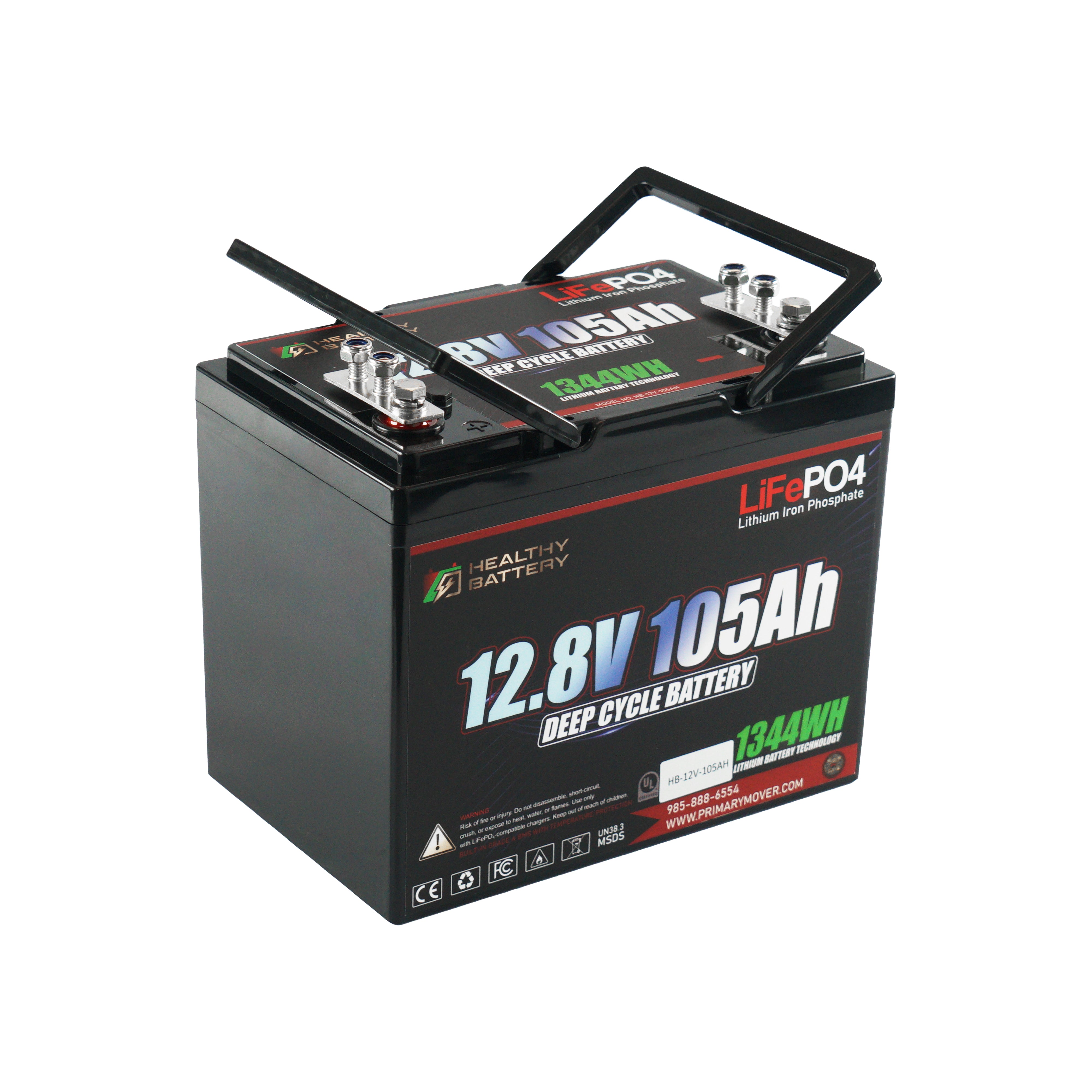 **Title:** Healthy Battery 12.8V 105Ah LiFePO4 Deep Cycle Battery

**Alt Text:** Sealed lithium iron phosphate battery with 12.8V 105Ah capacity, folding handles, and stainless steel terminals. Ideal for solar storage and RVs.

**Meta Description:** Discover the 12.8V 105Ah LiFePO4 battery, perfect for solar storage. Features include 1344Wh capacity, stainless terminals, and folding handles for easy transport.