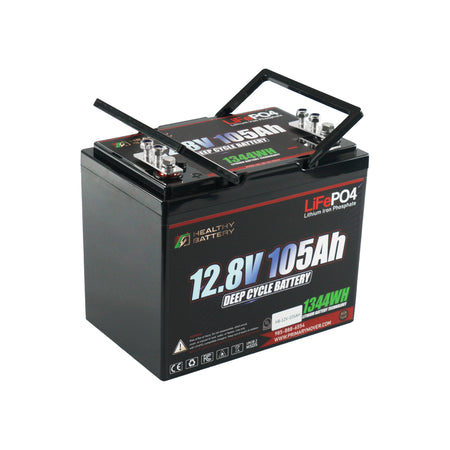 **Title:** Healthy Battery 12.8V 105Ah LiFePO4 Deep Cycle Battery

**Alt Text:** Sealed lithium iron phosphate battery with 12.8V 105Ah capacity, folding handles, and stainless steel terminals. Ideal for solar storage and RVs.

**Meta Description:** Discover the 12.8V 105Ah LiFePO4 battery, perfect for solar storage. Features include 1344Wh capacity, stainless terminals, and folding handles for easy transport.
