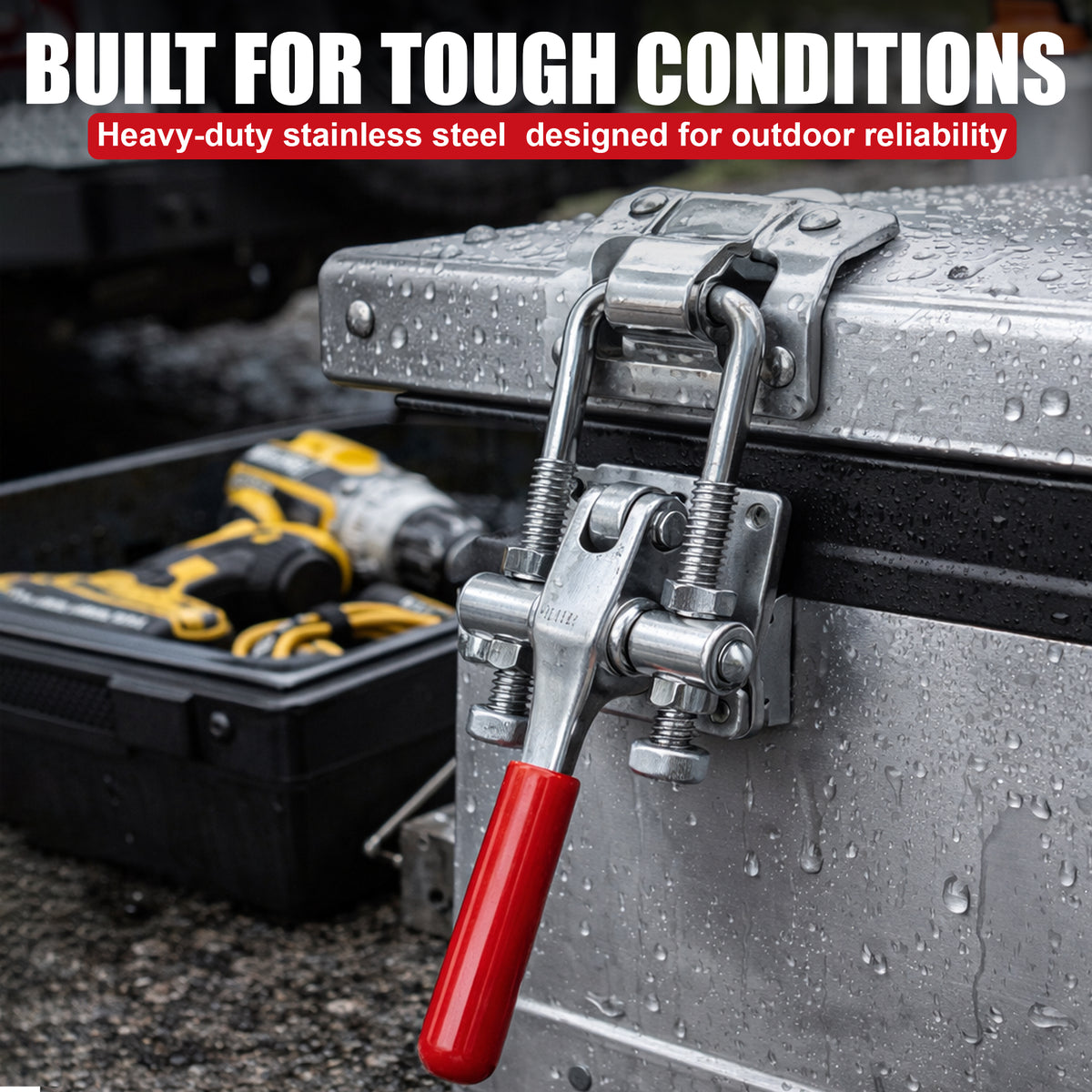 **Title:** 7,000 LB Heavy-Duty Locking Latch for Trailers

**Meta Description:** Discover the 7,000 LB Heavy-Duty Locking Latch, engineered for tilt deck trailers with extreme holding power, designed for outdoor reliability and durability.

**Alt Text:** Close-up of a stainless-steel toggle latch on a metal box, showcasing durability for outdoor trailer use.