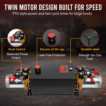 **Title:** Primary Mover 24VDC Twin Engine Hydraulic Power Unit

**Meta Description:** Efficient 24VDC hydraulic power unit with dual motors, leak-free cap, and durable steel. Boosts speed for dual-acting applications with reliable flow at 3200 PSI.

**Alt Text:** Primary Mover Twin Engine 24VDC Hydraulic Power Unit with black steel reservoir, red oil-fill cap, dual silver motors, and valve blocks highlighting balanced power, leak-free design, and durability.