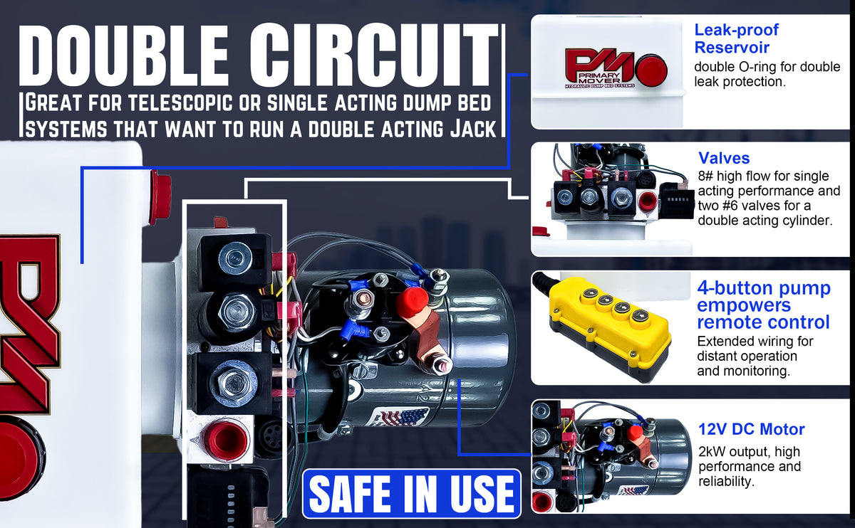 KTI 12Vdc Single/Double Hydraulic Power Unit, close-up, showing buttons and machine parts. Ideal for dump trailers, featuring dual functionality for versatile hydraulic applications.