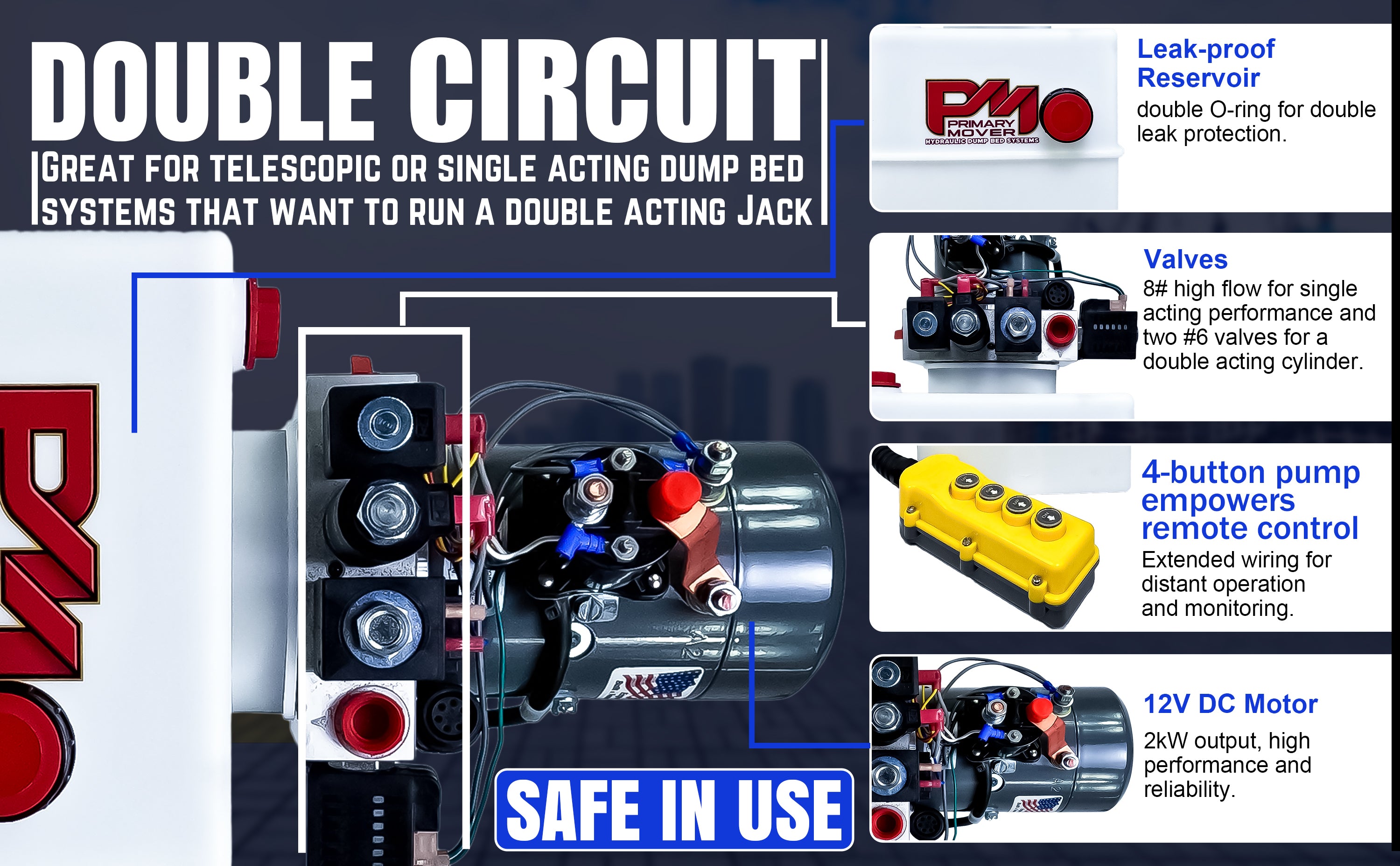 KTI 12Vdc Single/Double Hydraulic Power Unit, close-up, showing buttons and machine parts. Ideal for dump trailers, featuring dual functionality for versatile hydraulic applications.