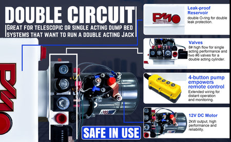 KTI 12Vdc Single/Double Hydraulic Power Unit, close-up, showing buttons and machine parts. Ideal for dump trailers, featuring dual functionality for versatile hydraulic applications.