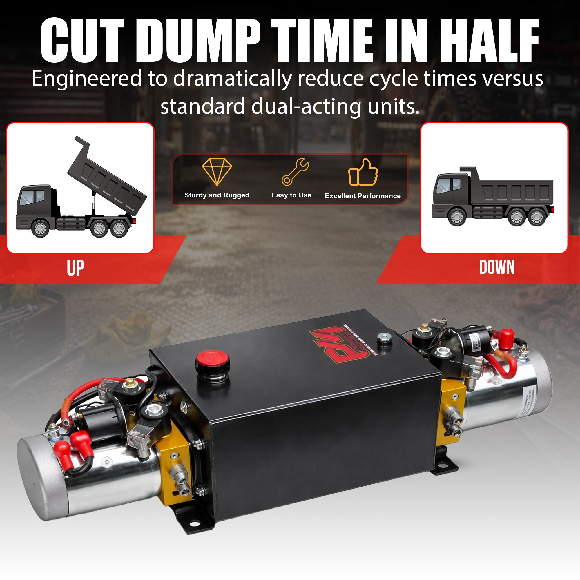 **Title:** Primary Mover Twin Engine Dual Acting 24VDC Hydraulic Power Unit

**Meta Description:** Discover how the Primary Mover Twin Engine 24VDC unit halves dump time with dual 2.2 kW motors, maintaining flow at 3200 PSI for faster cycles.

**Alt Text:** Advertisement for Primary Mover Twin Engine 24VDC Hydraulic Power Unit, highlighting reduced dump times with dual motors and excellent performance icons.