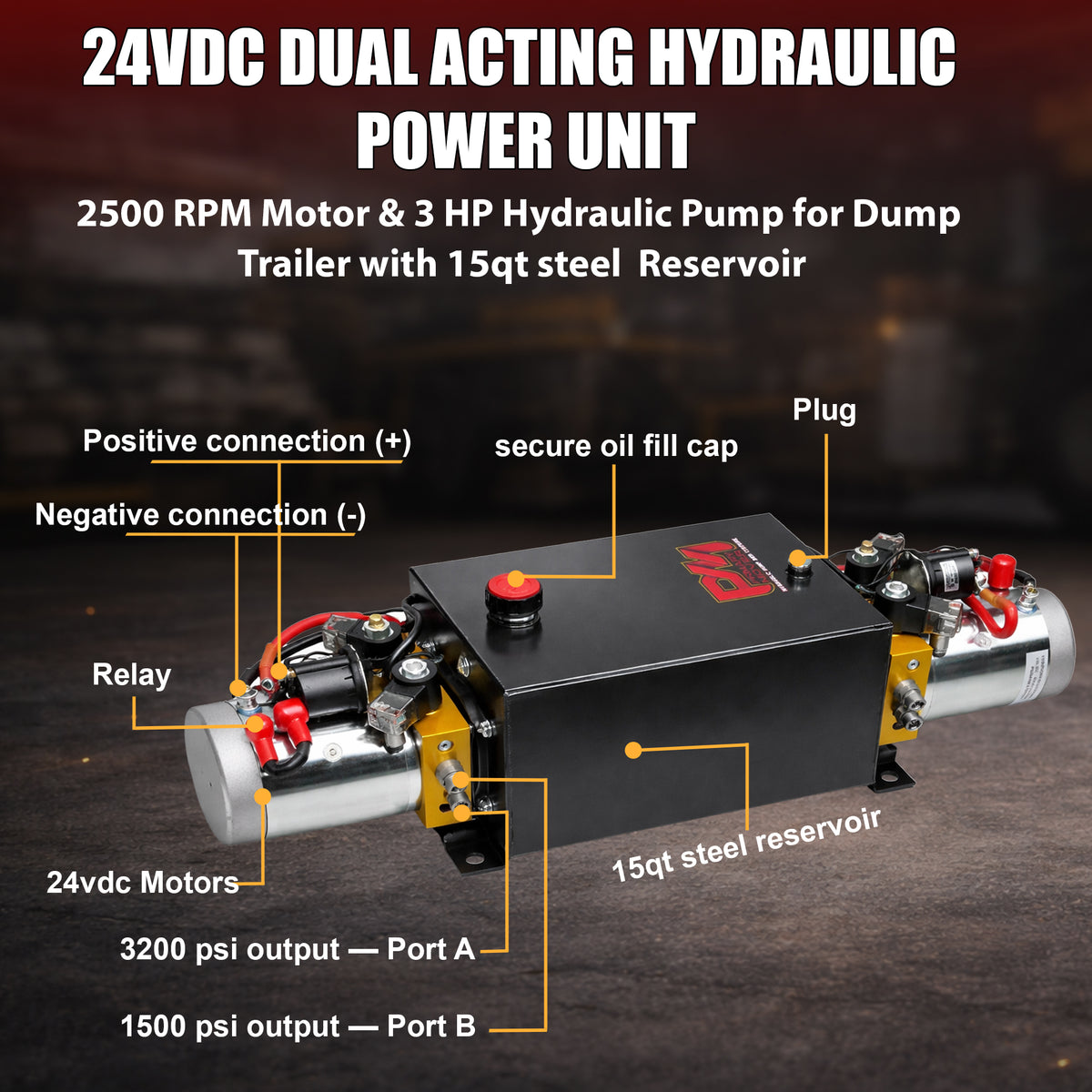 **Title:** Primary Mover Twin Engine 24VDC Hydraulic Power Unit  

**Meta Description:** Discover the Primary Mover Twin Engine 24VDC Hydraulic Power Unit, engineered for efficient dual-acting systems, boasting dual motors, 15-quart reservoir, and 3200 PSI capacity.  

**Alt Text:** Diagram of the Primary Mover Twin Engine 24VDC Hydraulic Power Unit with dual motors, 15-quart reservoir, and ports at 3200 and 1500 psi.