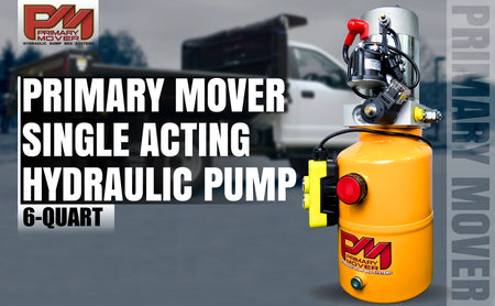 Alt text: Primary Mover 12V Single-Acting Hydraulic Pump with Steel Reservoir - High flow, single-acting pump for hydraulic dump bed systems. Includes handheld pendant and 4-quart translucent reservoir.