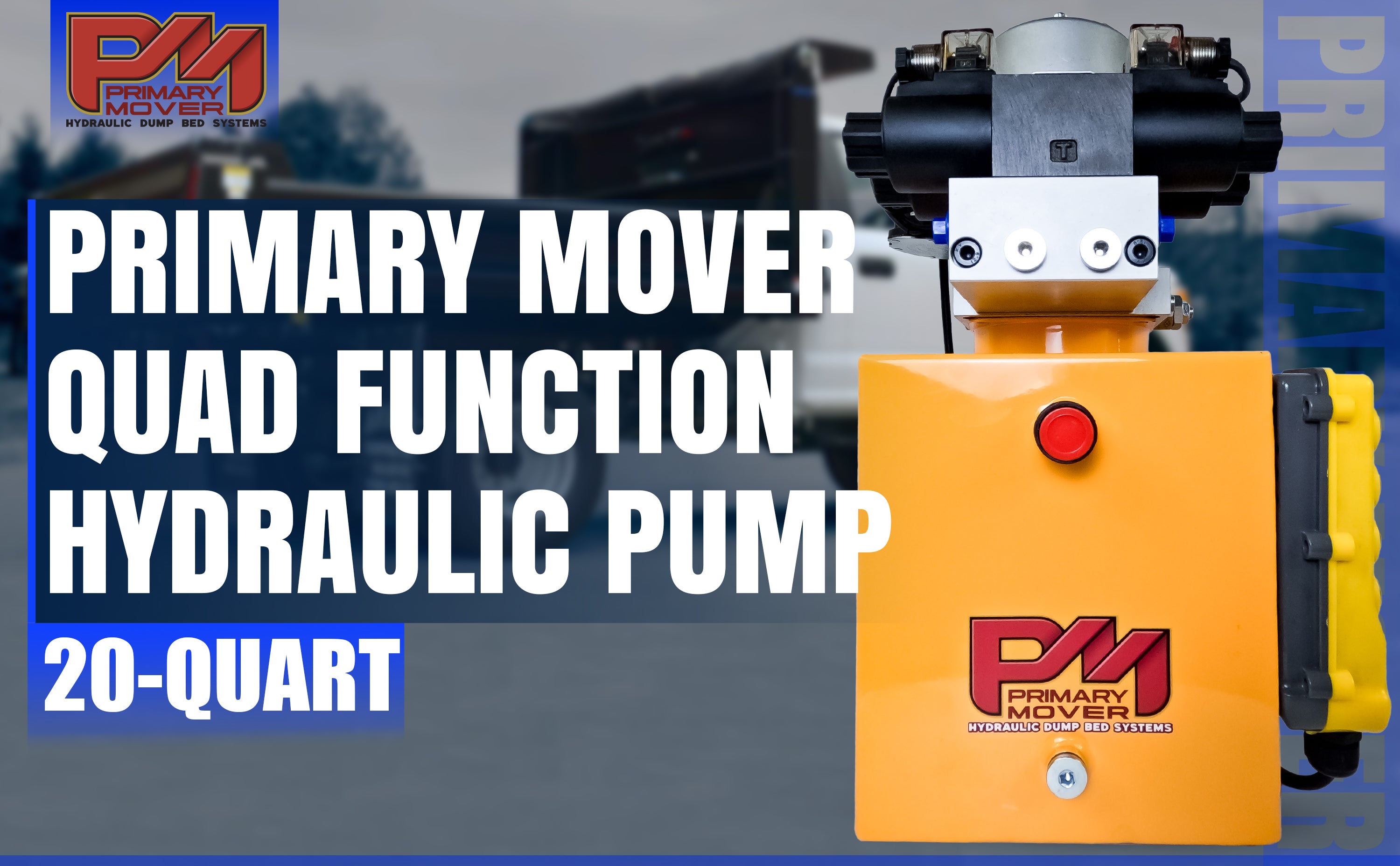Compact and powerful Primary Mover 12V Dual Double-Acting Hydraulic Power Unit for dump trailers and trucks, enabling four hydraulic actions simultaneously. Used for any truck or trailer application. 1/2 ton truck dump bed kit.