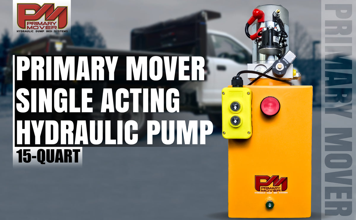 Primary Mover 12V Single-Acting Hydraulic Pump - Steel Reservoir for hydraulic dump bed systems. High flow, 3200 PSI relief setting, 2.5 GPM, 4 Quart Reservoir, SAE #8 Port.