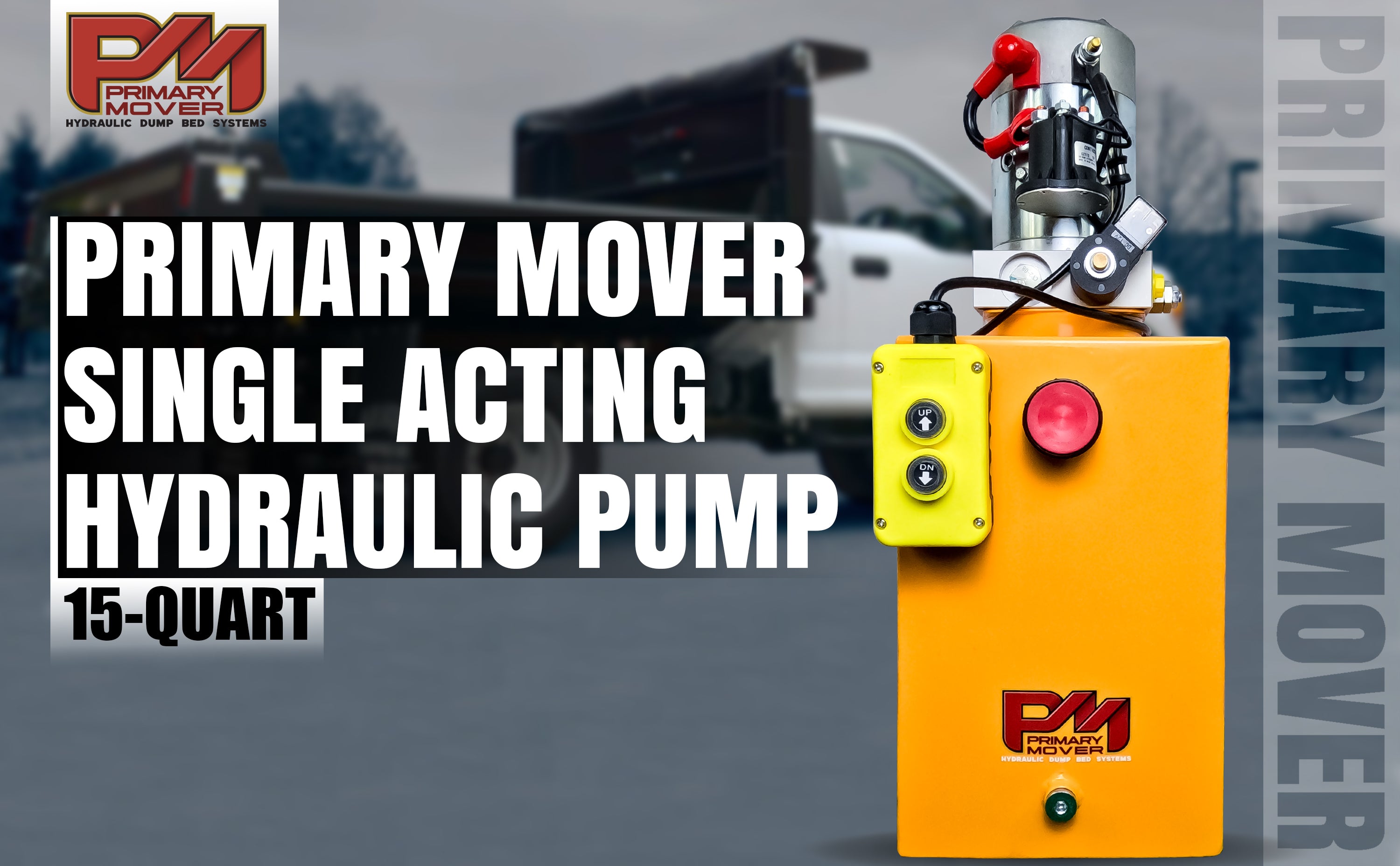Primary Mover 12V Single-Acting Hydraulic Pump - Steel Reservoir for hydraulic dump bed systems. High flow, 3200 PSI relief setting, 2.5 GPM, 4 Quart Reservoir, SAE #8 Port.