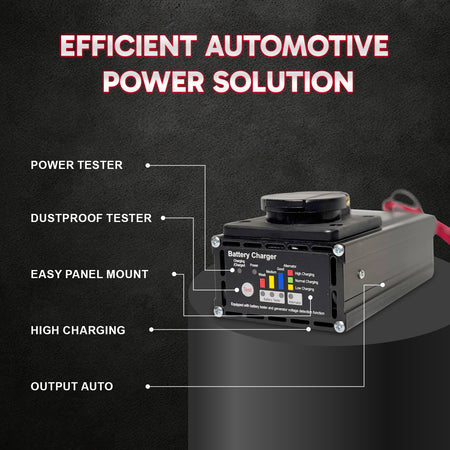 **Title:** 10 Amp Panel Mount Battery Charger for 12V Trailer Batteries

**Meta Description:** Compact 12V charger with integrated tester, dustproof housing, LED indicators for battery and alternator health, and a 3-step charging process for trailers.

**Alt text:** Rugged 10 Amp Panel Mount Battery Charger with tester, LED indicators, and sealed flip-cover for 12V trailer batteries.