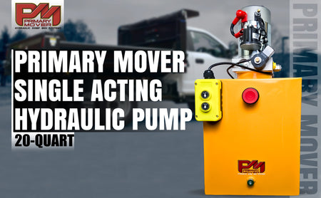 Primary Mover 12V Single-Acting Hydraulic Pump with Steel Reservoir, featuring high flow functionality and 4-quart translucent tank. Ideal for dump bed systems and small-scale hydraulic applications.