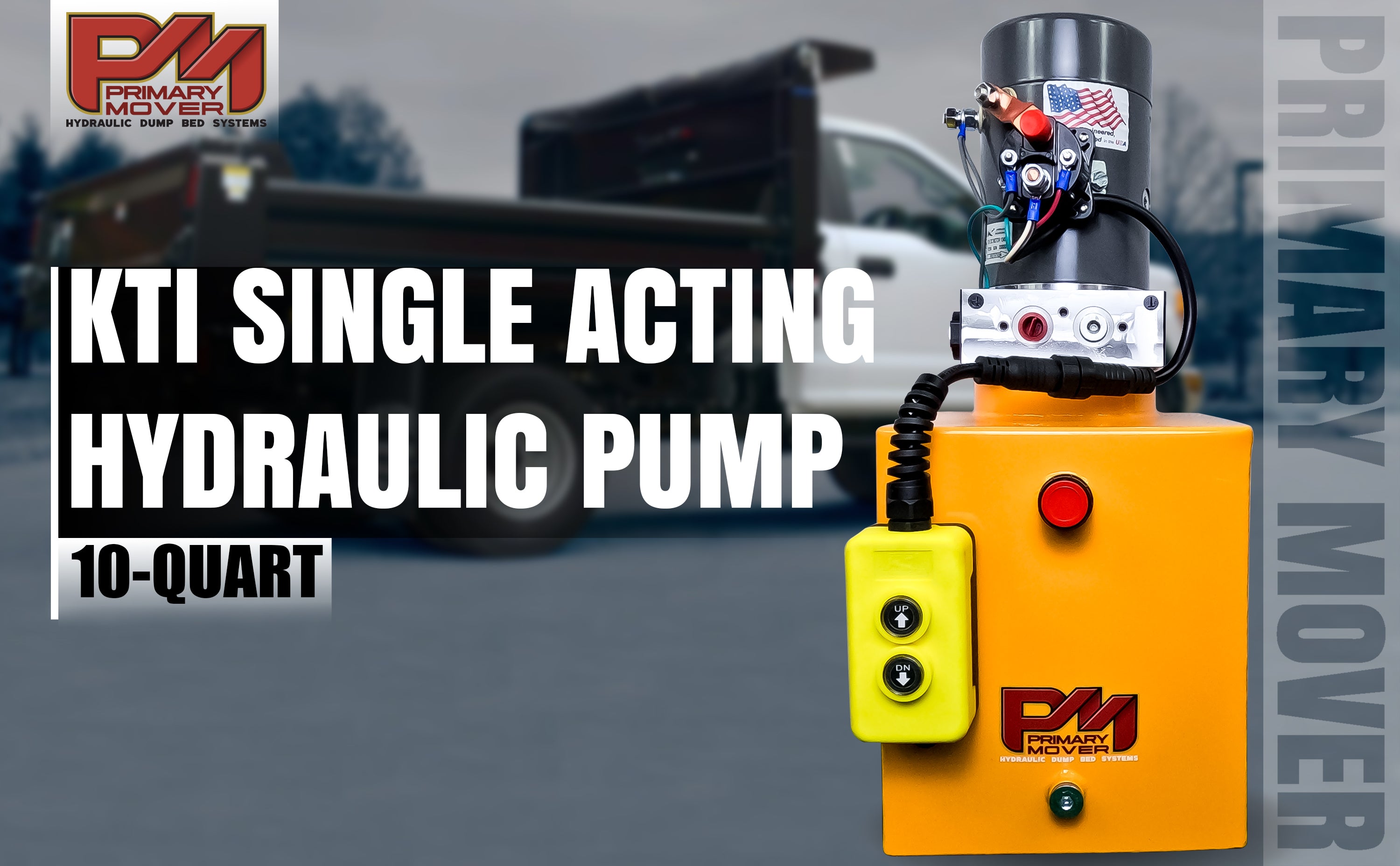 KTI 12V Single-Acting Hydraulic Pump - Steel Reservoir, featuring buttons, switches, and a compact design for efficient dump bed system operations.