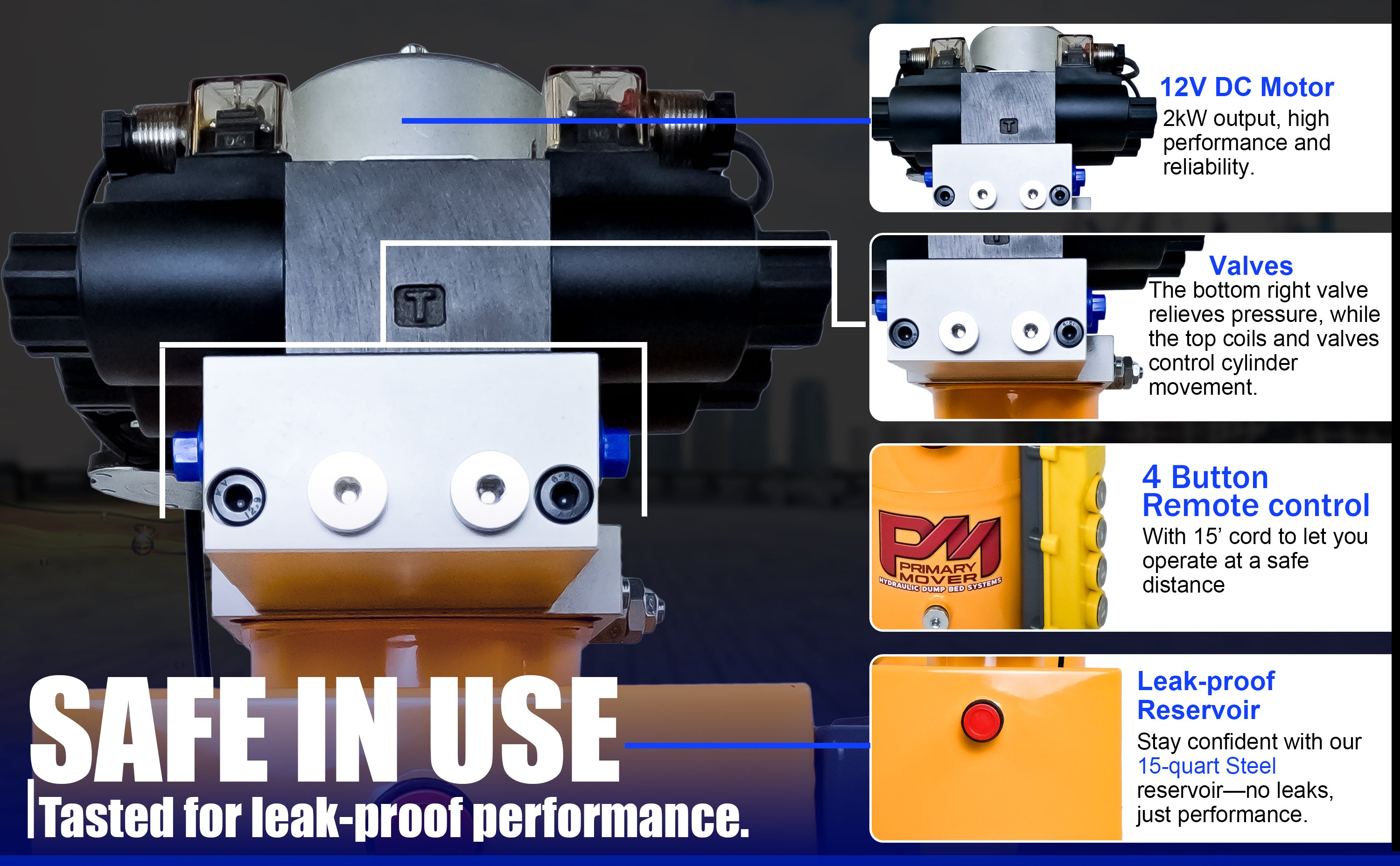 Close-up of Primary Mover 12V Dual Double-Acting Hydraulic Power Unit, showcasing compact design with dual double configuration for versatile hydraulic operations. Used for any truck or trailer application. 1/2 ton truck dump bed kit.
