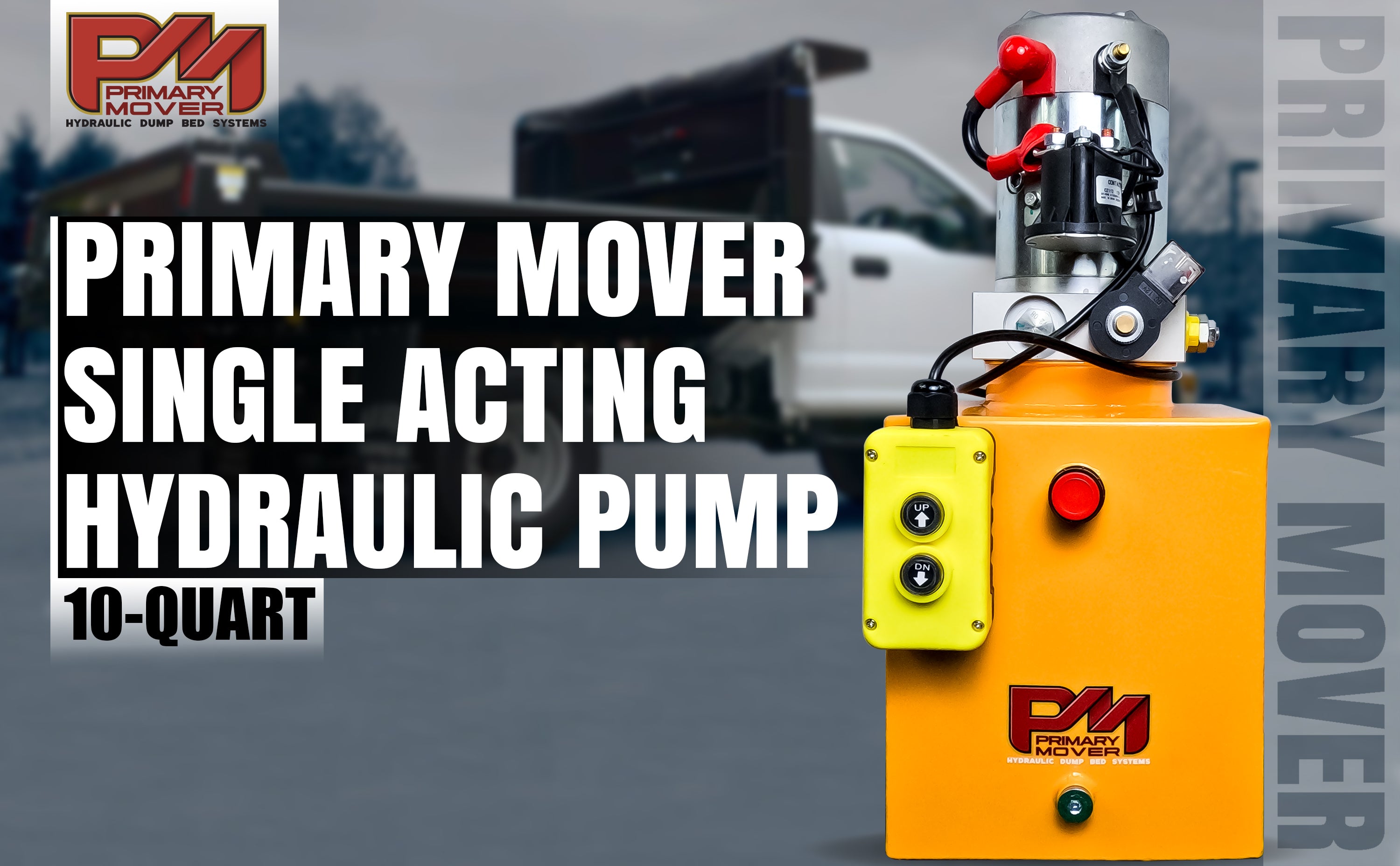Primary Mover 12V Single-Acting Hydraulic Pump - Steel Reservoir, compact and efficient for hydraulic dump bed systems, featuring single-acting pump and 4-quart translucent reservoir.