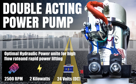 Close-up of the KTI 24Vdc Double Acting Hydraulic Power Unit, showcasing its compact design and robust construction, ideal for heavy-duty applications like dump trucks and trailers.