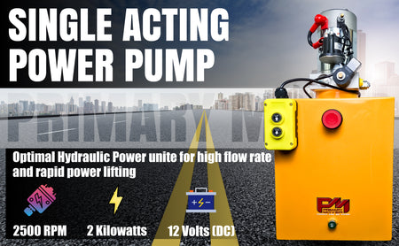 Primary Mover 12V Single-Acting Hydraulic Pump with Steel Reservoir, ideal for hydraulic dump bed systems. Features single-acting pump, 3200 PSI max relief setting, 2.5 GPM flow, and 4-quart translucent reservoir.