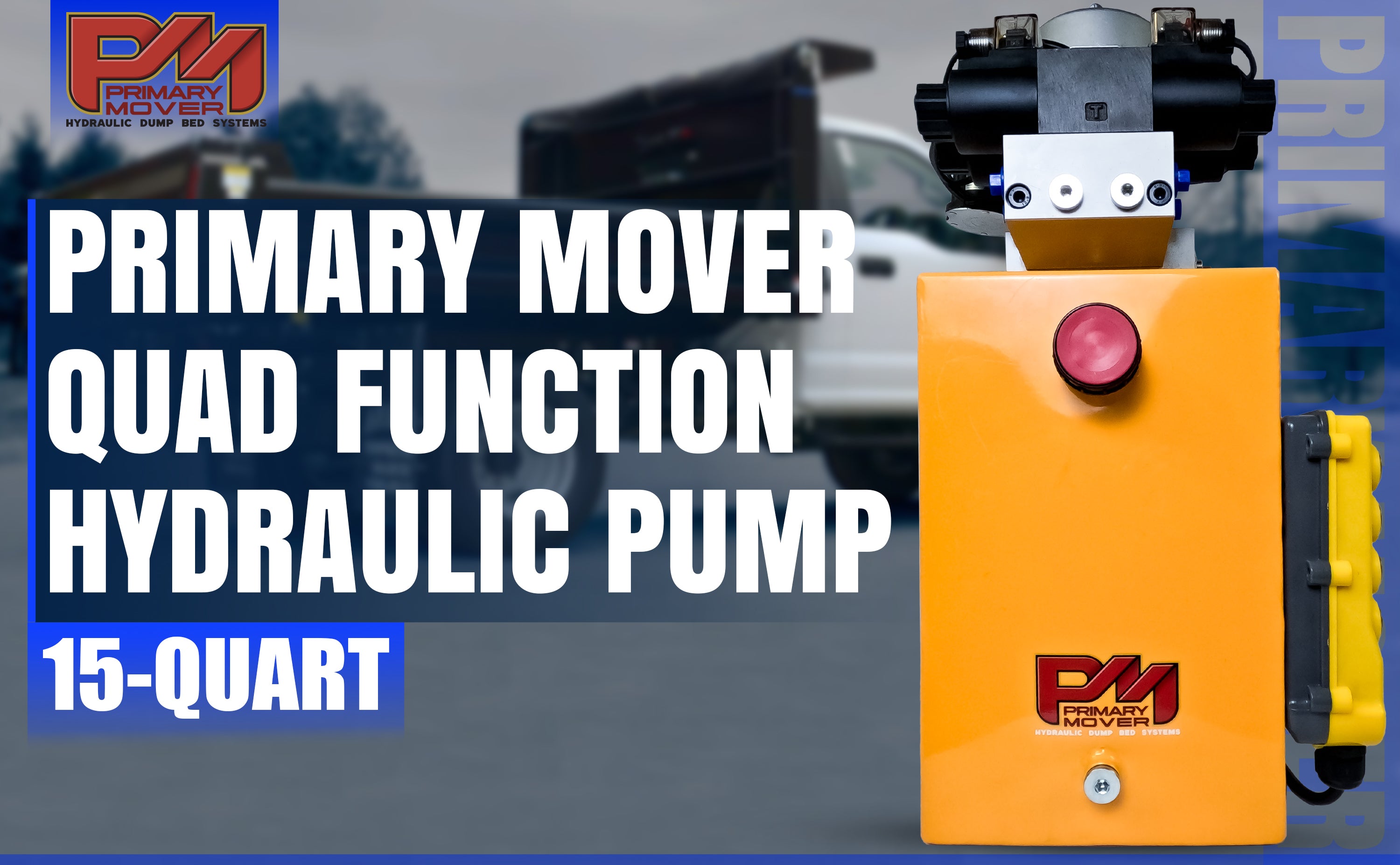 Compact and powerful Primary Mover 12V Dual Double-Acting Hydraulic Power Unit for dump trailers and trucks, enabling four hydraulic actions simultaneously. Used for any truck or trailer application. 1/2 ton truck dump bed kit.