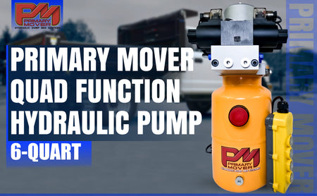 Compact and powerful Primary Mover 12V Dual Double-Acting Hydraulic Power Unit for dump trailers and trucks, enabling four hydraulic actions simultaneously. Used for any truck or trailer application. 1/2 ton truck dump bed kit.