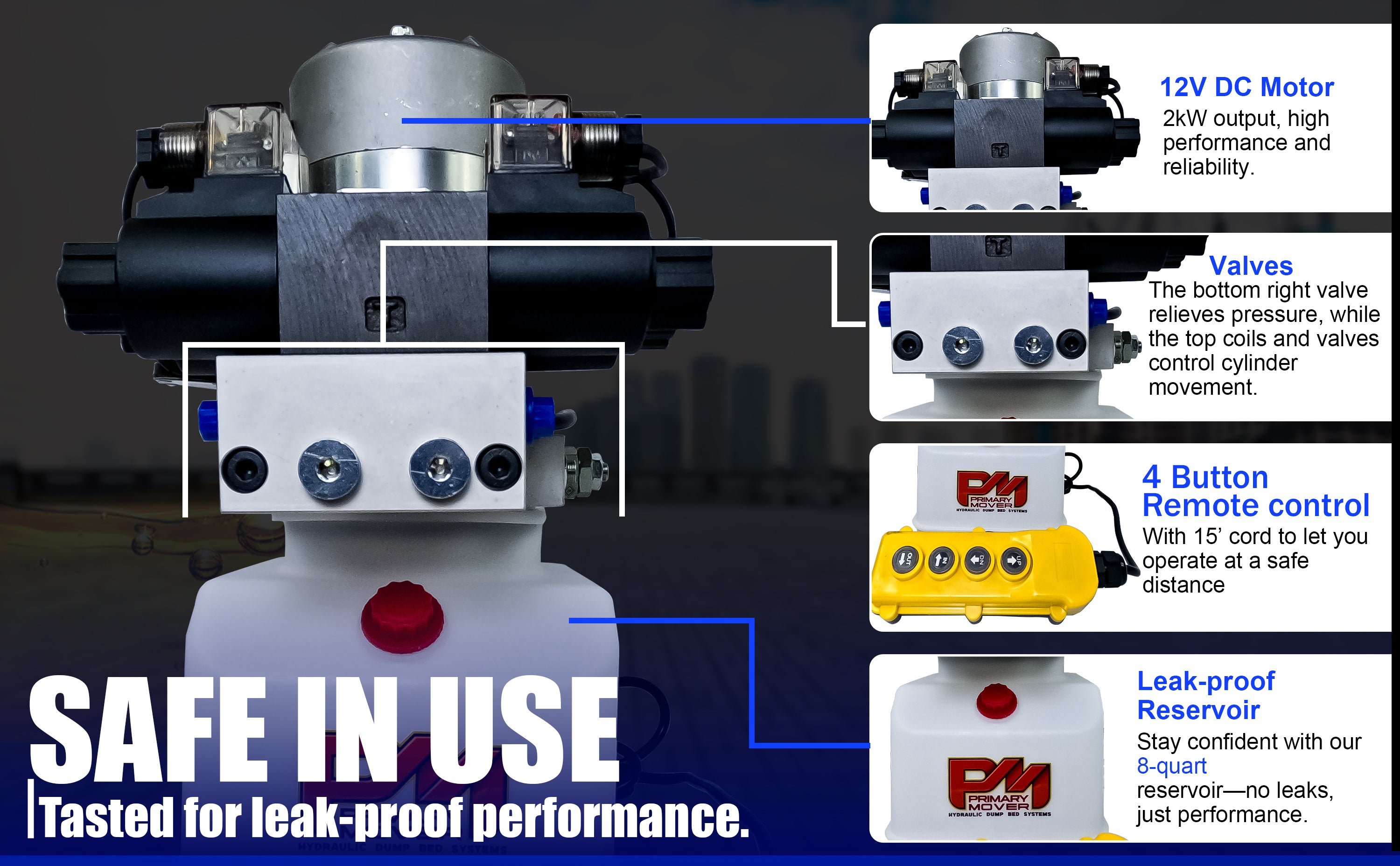 Primary Mover 12V Dual Double-Acting Hydraulic Power Unit: Compact, robust unit for dump trailers and trucks, enabling four hydraulic actions simultaneously.