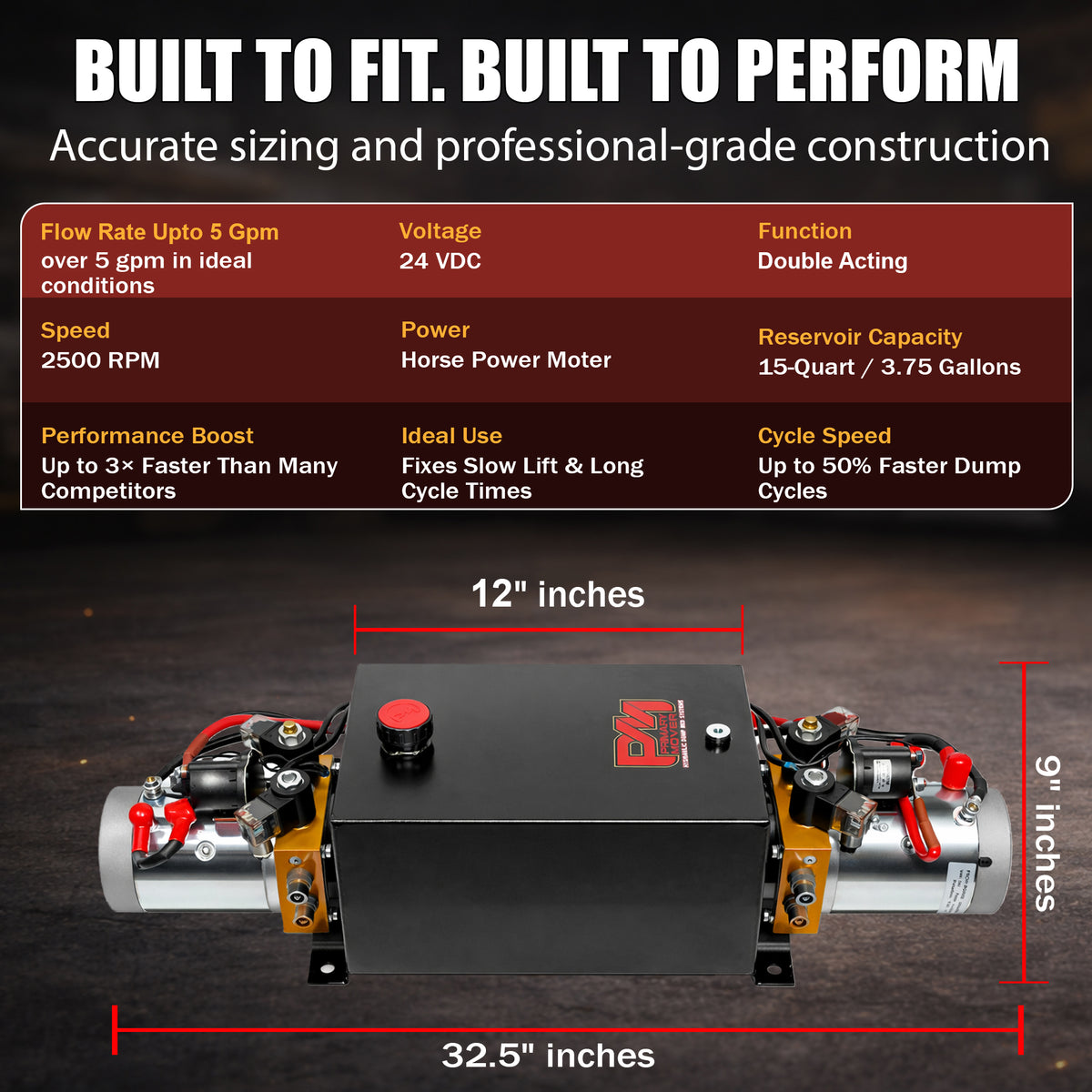 **Title**: Primary Mover Twin Engine 24VDC Hydraulic Power Unit

**Meta Description**: Compact hydraulic power unit with dual 2.2 kW motors, 24VDC operation, and 15-quart reservoir. Enhances lift speed and efficiency for dual-acting systems.

**Alt Text**: Side view of Primary Mover Twin Engine 24VDC Hydraulic Power Unit with dual motors and 15-quart reservoir, measuring 32.5 × 12 × 9.