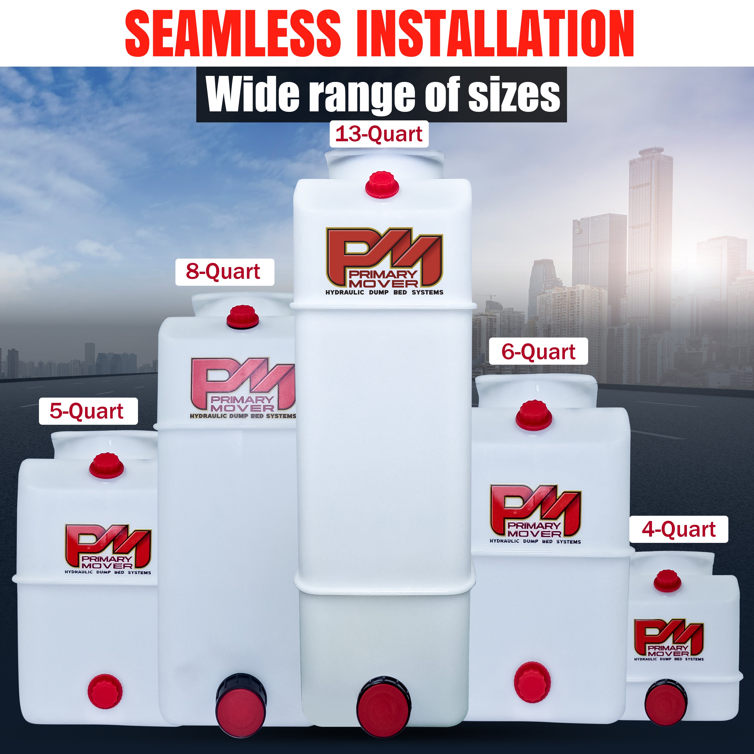A 13-quart poly hydraulic reservoir tank with plug and breather caps. Features a 4-11/16 round opening and 4 square bolt pattern for precise fitment. Dimensions: 21.5 L x 7 W x 8.0 H.