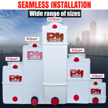 A 13-quart poly hydraulic reservoir tank with plug and breather caps. Features a 4-11/16 round opening and 4 square bolt pattern for precise fitment. Dimensions: 21.5 L x 7 W x 8.0 H.