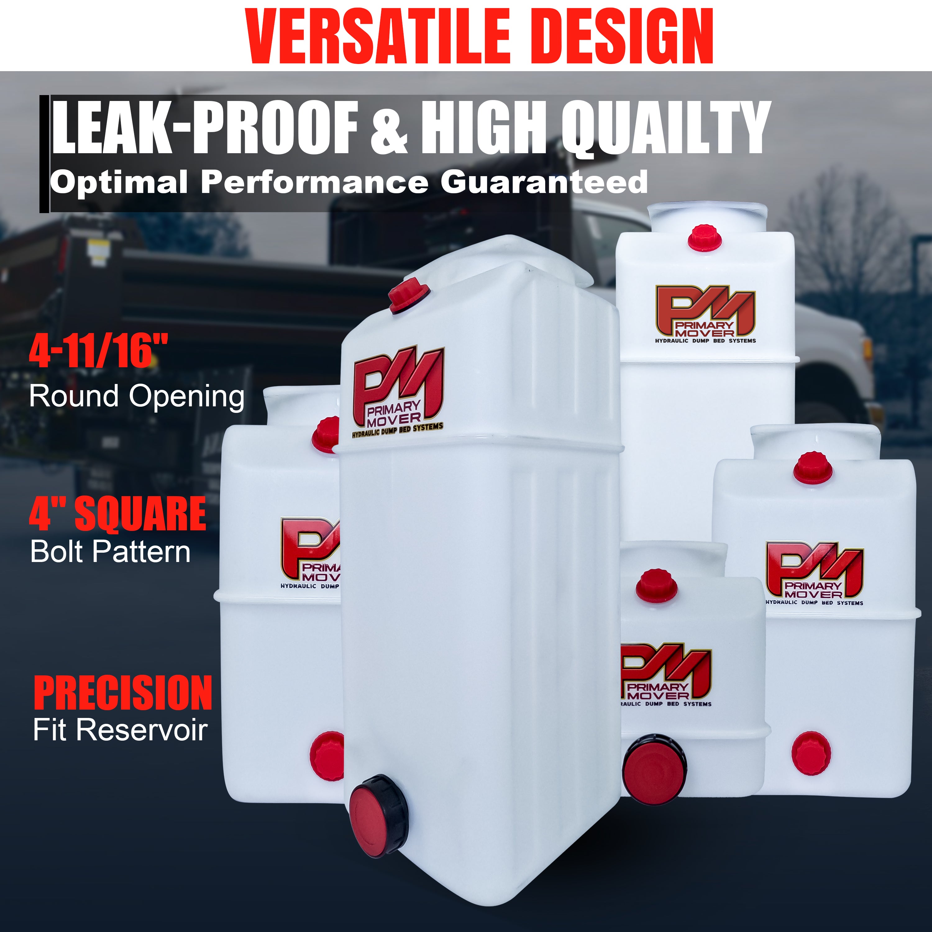 A 13-quart poly hydraulic reservoir tank with plug and breather caps. Precision measurements for compatibility with various hydraulic systems. Dimensions: 21.5 length, 7 width, 8.0 height.
