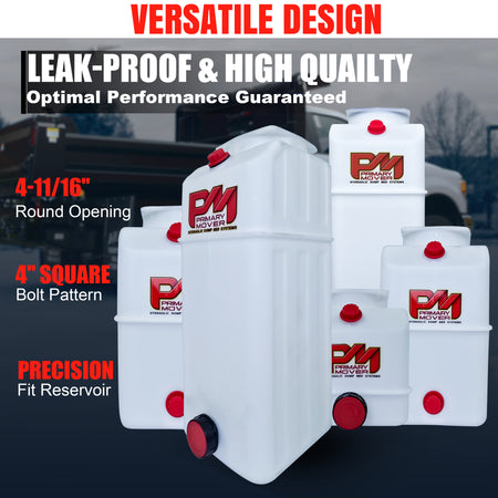 A 13-quart poly hydraulic reservoir tank with plug and breather caps. Precision measurements for compatibility with various hydraulic systems. Dimensions: 21.5 length, 7 width, 8.0 height.