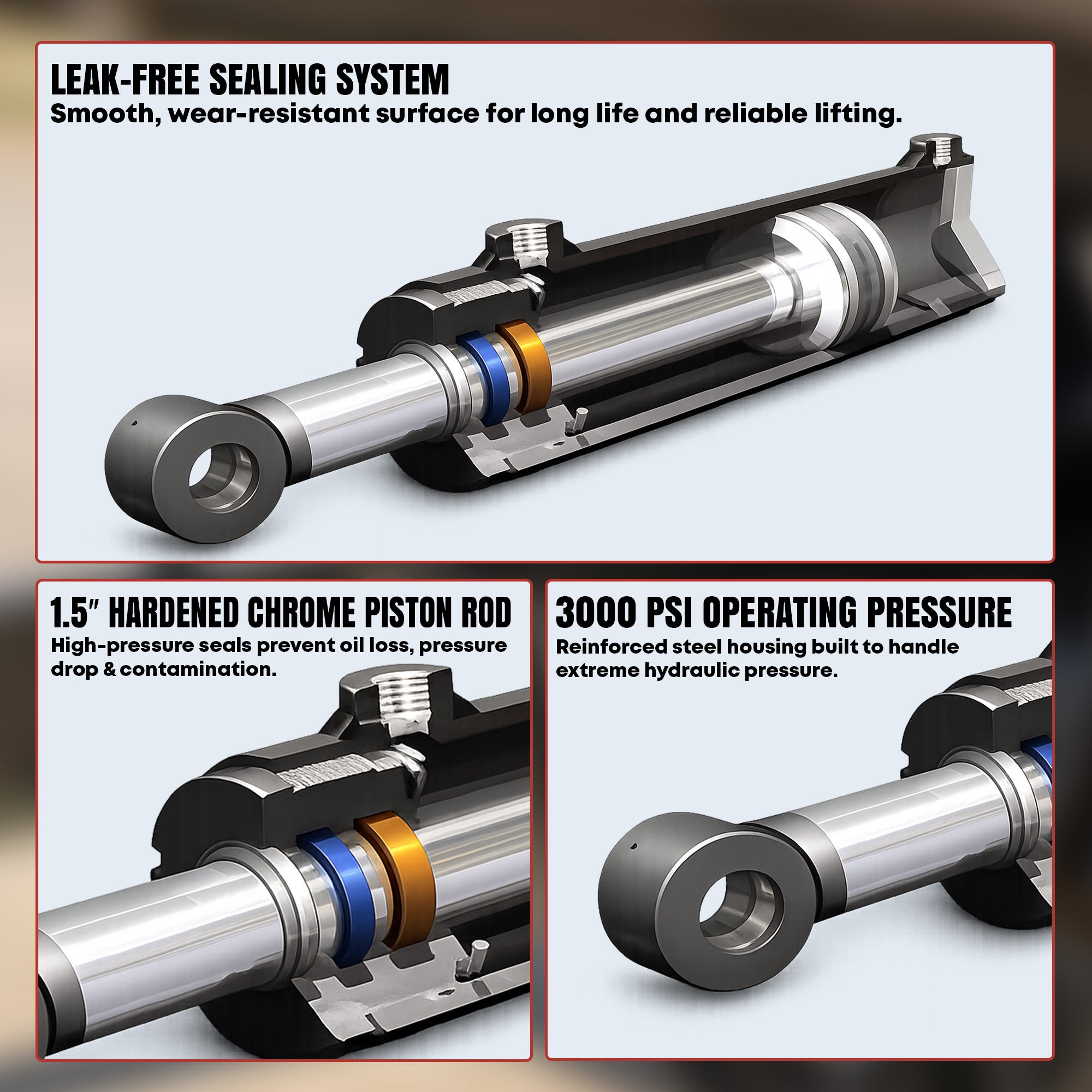 Hydraulic Tilt Deck Kit For Trailers - Welded | 310 W

Cutaway illustration of a hydraulic cylinder, highlighting leak-free sealing, chrome piston rod, and 3000 psi pressure resistance.