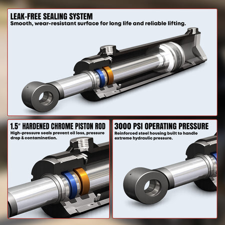 Hydraulic Tilt Deck Kit For Trailers - Welded | 310 W

Cutaway illustration of a hydraulic cylinder, highlighting leak-free sealing, chrome piston rod, and 3000 psi pressure resistance.