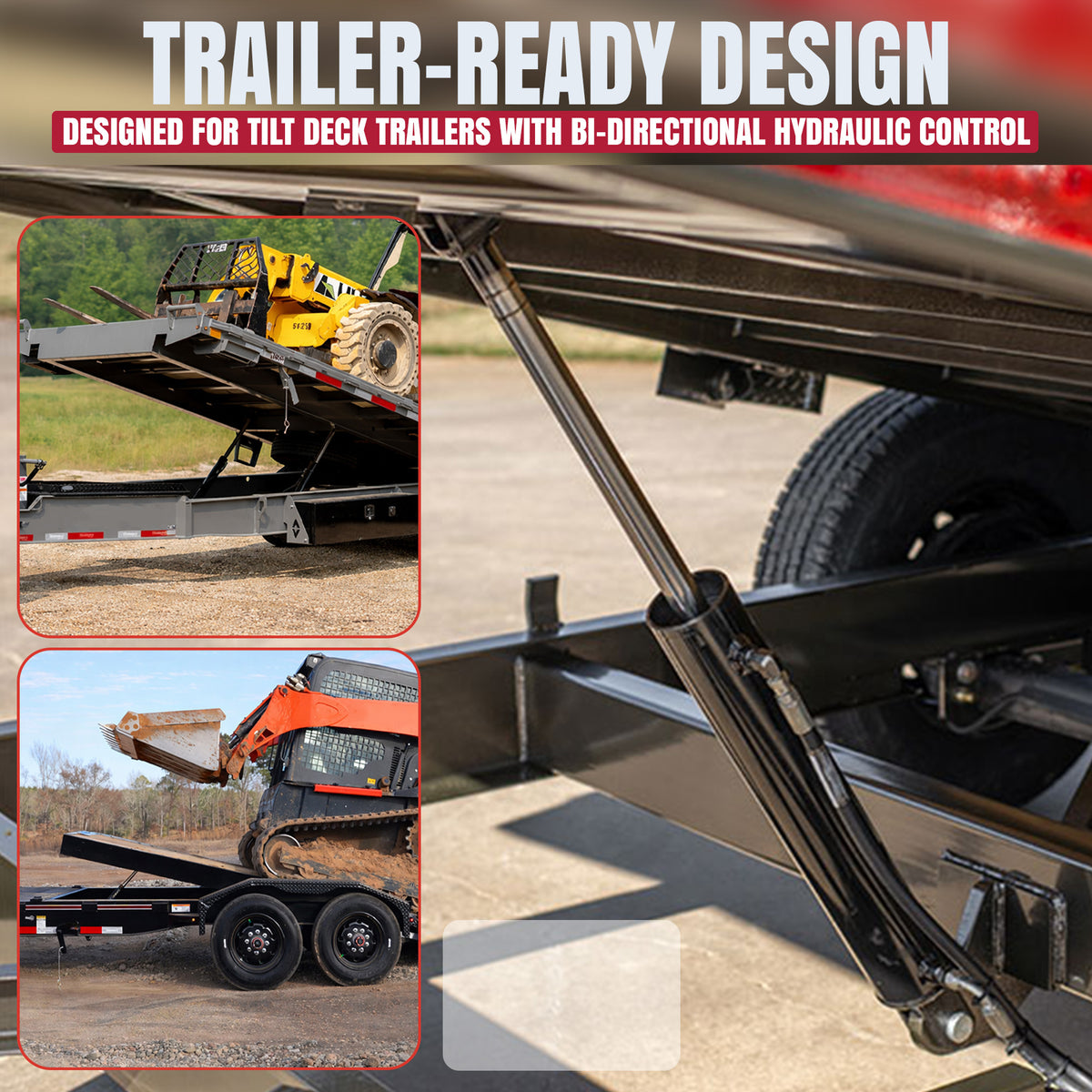 Hydraulic Tilt Deck Kit For Trailers - Welded | 310 W: Promotional image showing hydraulic ram under a tilt-deck trailer, with skid-steers loading onto the trailer.