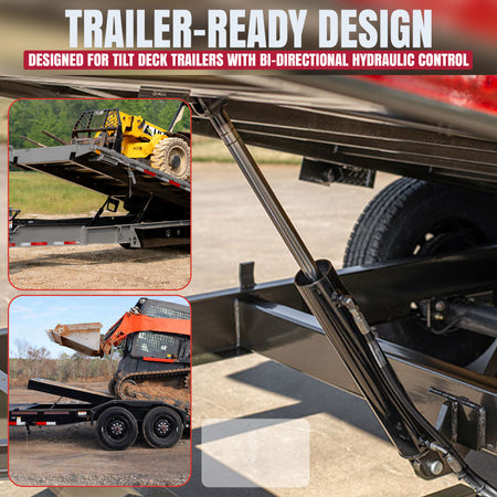 Hydraulic Tilt Deck Kit For Trailers - Welded | 310 W: Promotional image showing hydraulic ram under a tilt-deck trailer, with skid-steers loading onto the trailer.